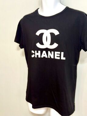 CHANEL Black Tee with White CC Emblem